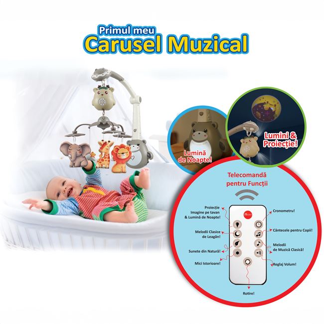 Carusel Muzical cu Animale Sunet Delicat si Proiector Premium