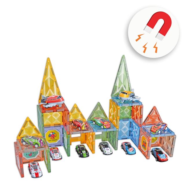 Set Caramizi Magnetice Colorate Masini - 72 de piese